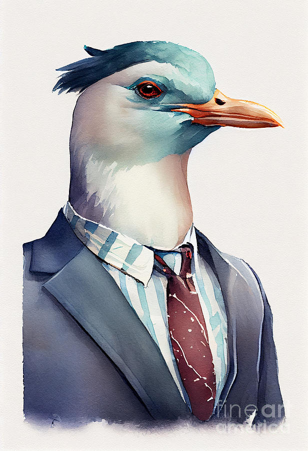 Gull Painting - Gull in Suit Watercolor Hipster Animal Retro Costume by Jeff Creation