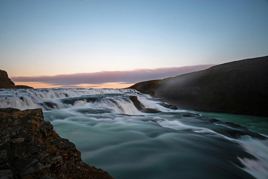 Gullfoss Waterfall at Sunset Thingvellir National Park Iceland Smooth Water Photograph by Toby McGuire