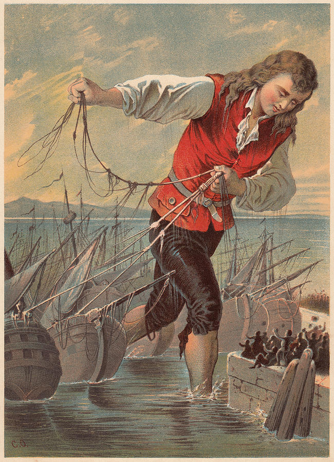 Gulliver captured the enemys fleet by the Blefuscudians, lithograph, c.1880 Drawing by Zu_09