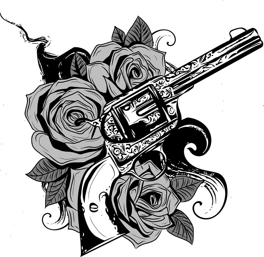 guns and rose flowers drawn in tattoo style. Vector illustration