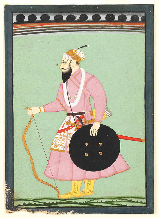 Guru Hargobind Singh , The Sixth Sikh Guru, Standing Armed With Sword, Shield, Bow And A Painting