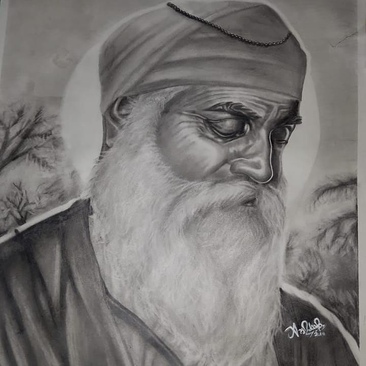 Black and white drawing of Guru Nanak Dev Ji clipart free image download