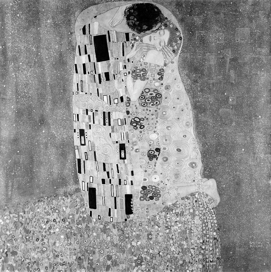 Gustav Klimts The Kiss 1908 in Black and White Painting by Bob Pardue
