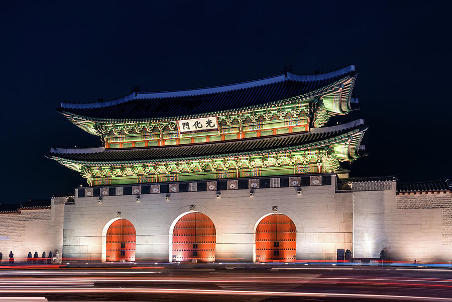 Gwanghwamun Gate at night in Seoul Photograph by Camera Destinations