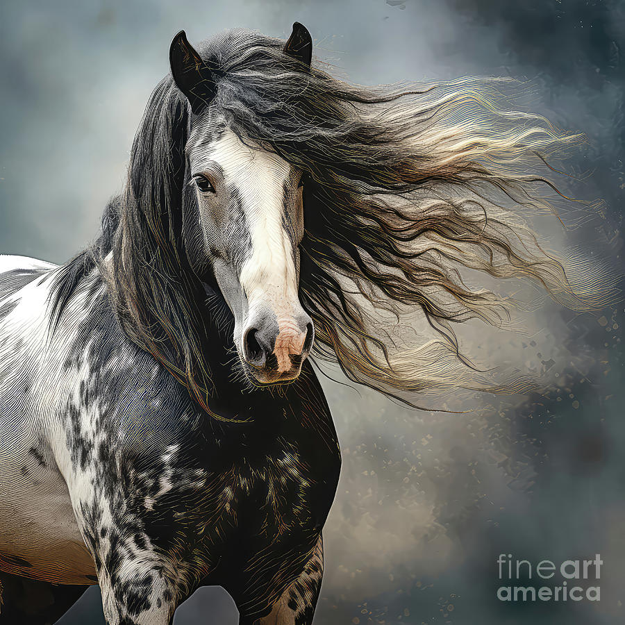 Black And White Digital Art - Gypsy Vanner Horse with Wind in Her Mane by Elisabeth Lucas