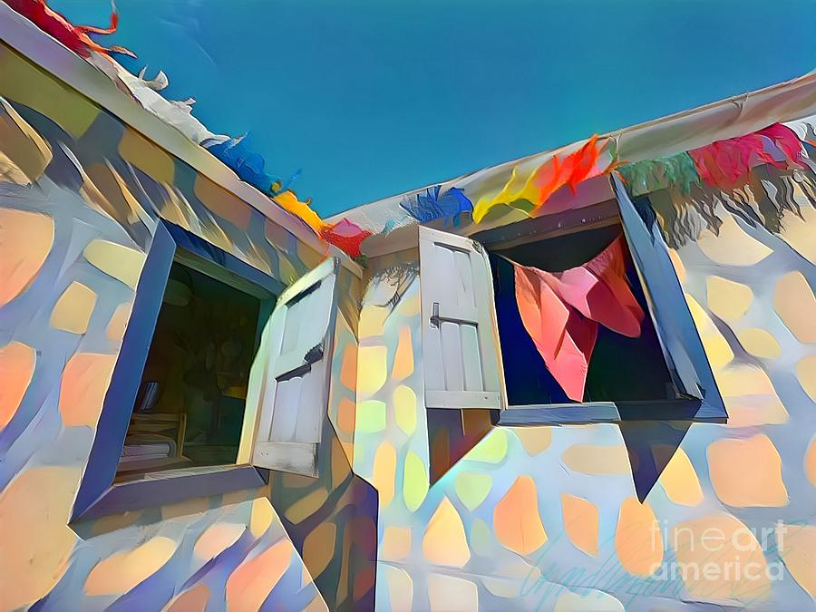 H - AgFair Blue Skies Over Small House Windows with Colorful Bunting - Horizontal Painting by Lyn Voytershark