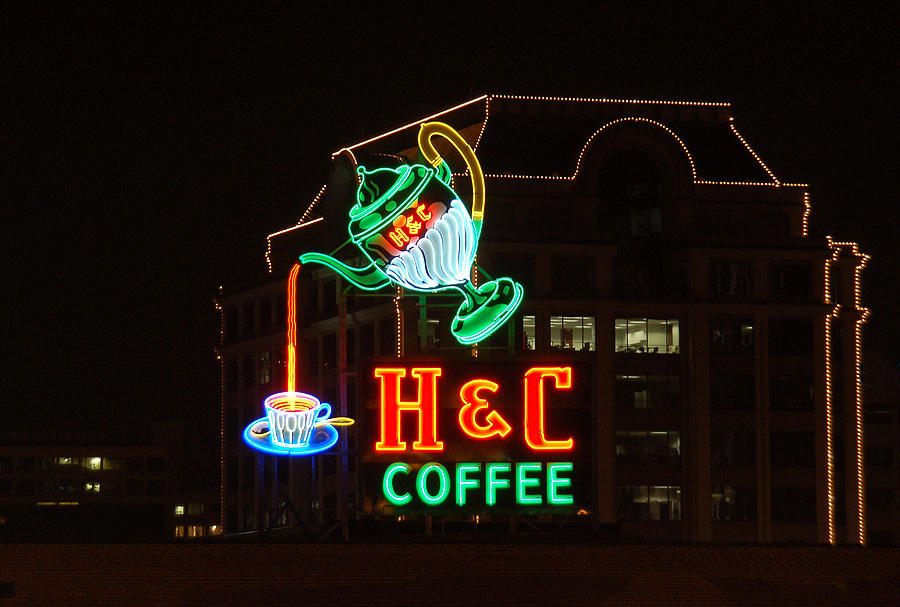 Sign Photograph - H and C Coffee Sign Pouring At Night in Roanoke Virginia by Suzanne Gaff