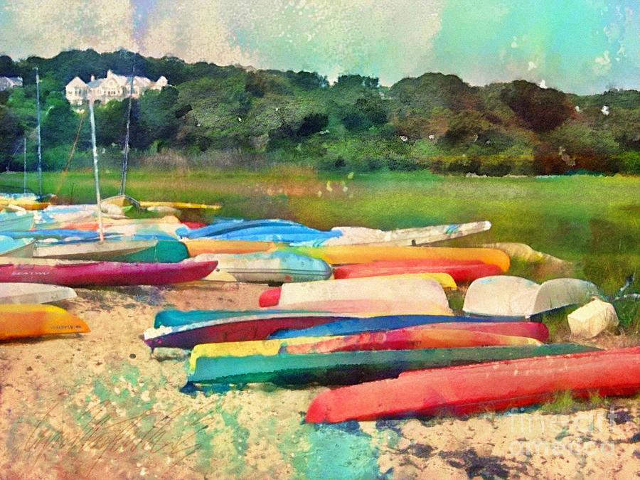 H Colorful Kayaks on Beach in Chilmark - Horizontal Painting by Lyn Voytershark