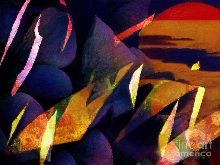 H - Dark Abstract of Raining Shards Against Plum Colored Orbs and Red Arc - Horizontal Painting by Lyn Voytershark