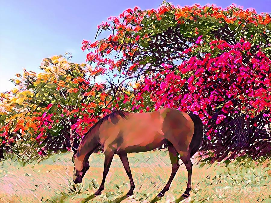 H - Grazing Horse with Colorful Blooming Flamboyant and Bougainvillea - Horizontal Painting by Lyn Voytershark