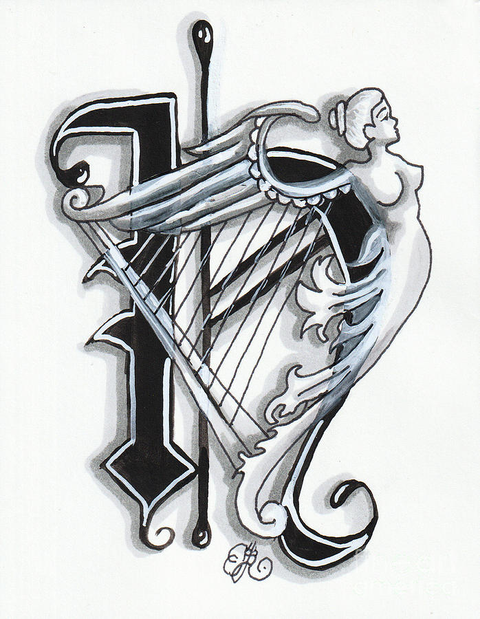 H is for Harp Drawing by Scarlett Royale