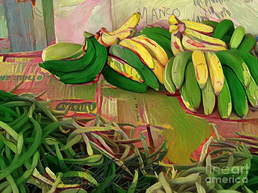 H - Loose Green Beans with Banana Bunches at Farmers Market - Horizontal Painting by Lyn Voytershark