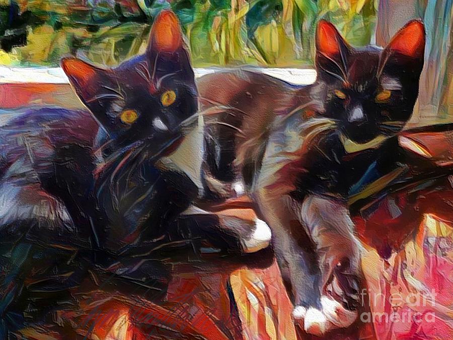 H - Lounging Cat Duo in Tropical Sunshine with Water View of Caribbean Sea - Horizontal  Painting by Lyn Voytershark
