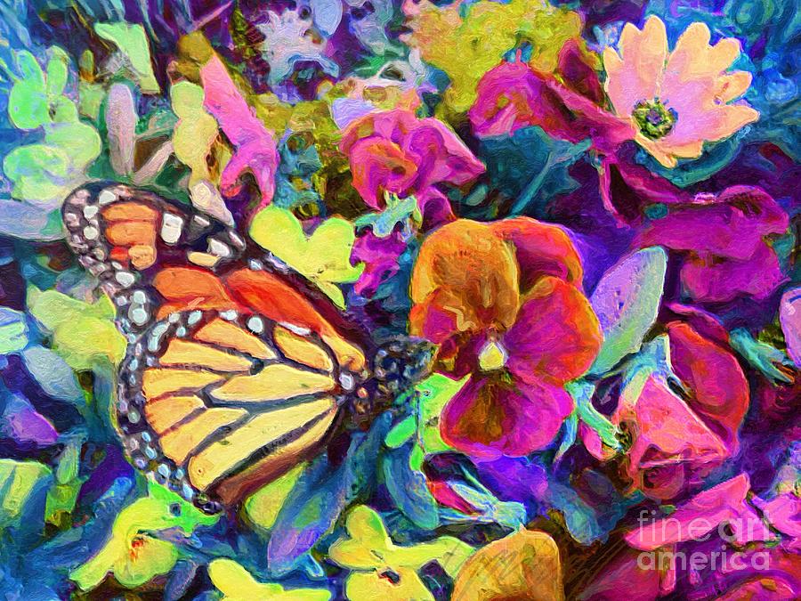 H - Monarch Butterfly with Mahogany Pansies and Yellow Flowers - Horizontal Painting by Lyn Voytershark