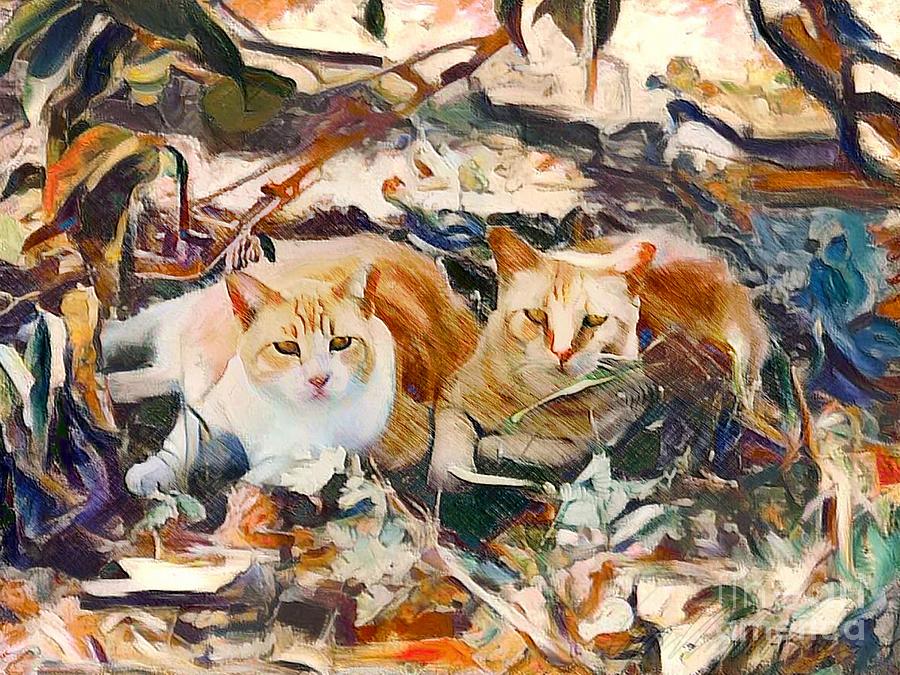 H - Pair of Marmalade Cats Channeling Their Inner Lions in the Bush - Horizontal Painting by Lyn Voytershark