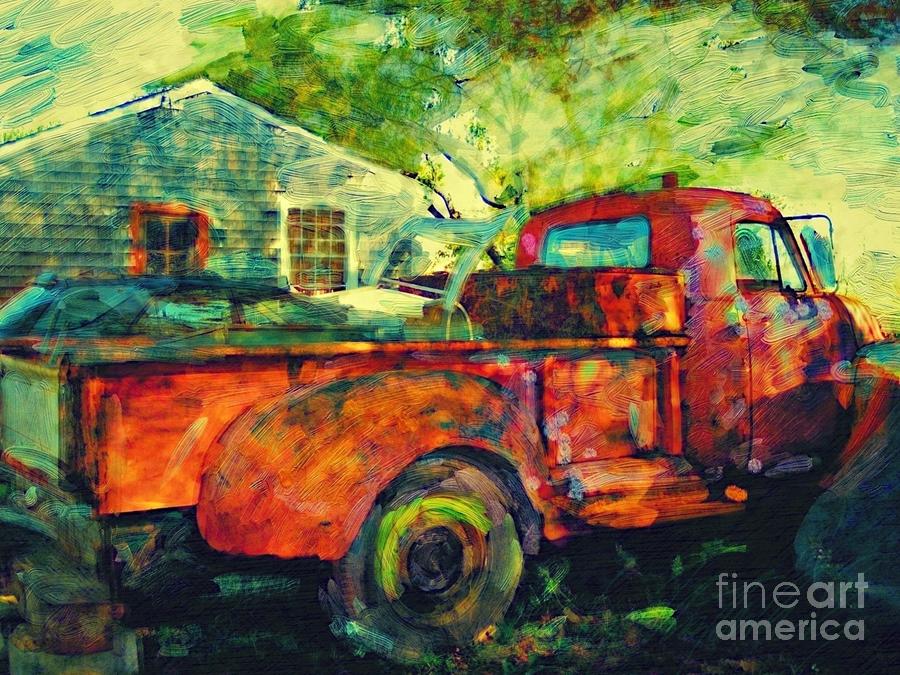H Red Truck in Dappled Shade - Horizontal Painting by Lyn Voytershark