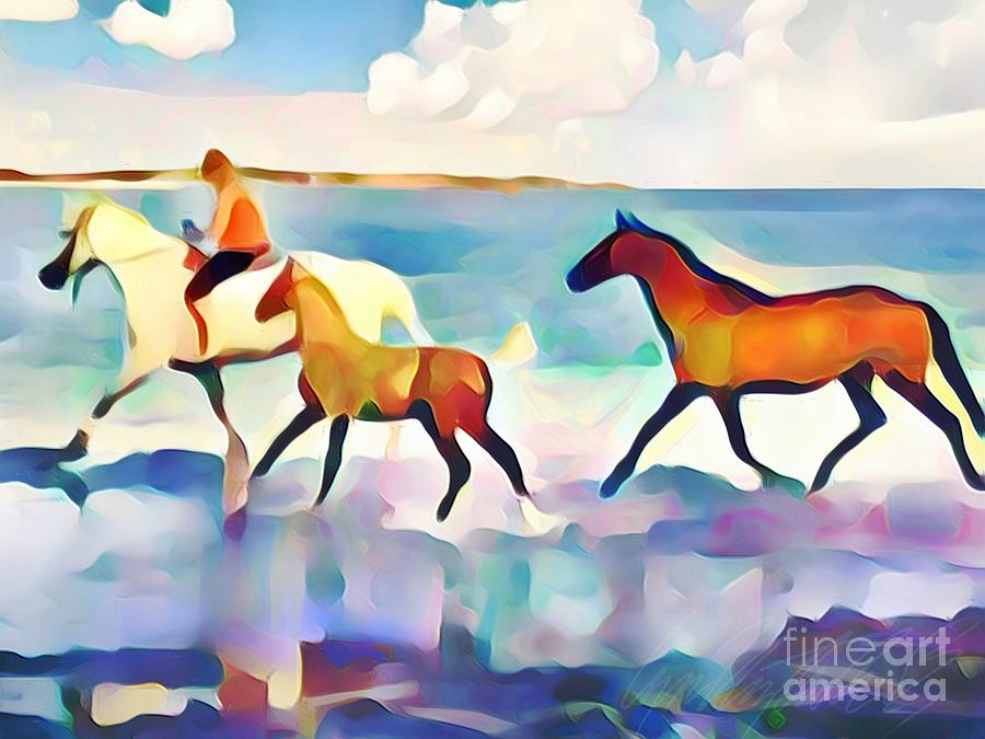 H - Rider with Horses Galloping Down a Glistening Dreamy Beach - Horizontal Painting by Lyn Voytershark