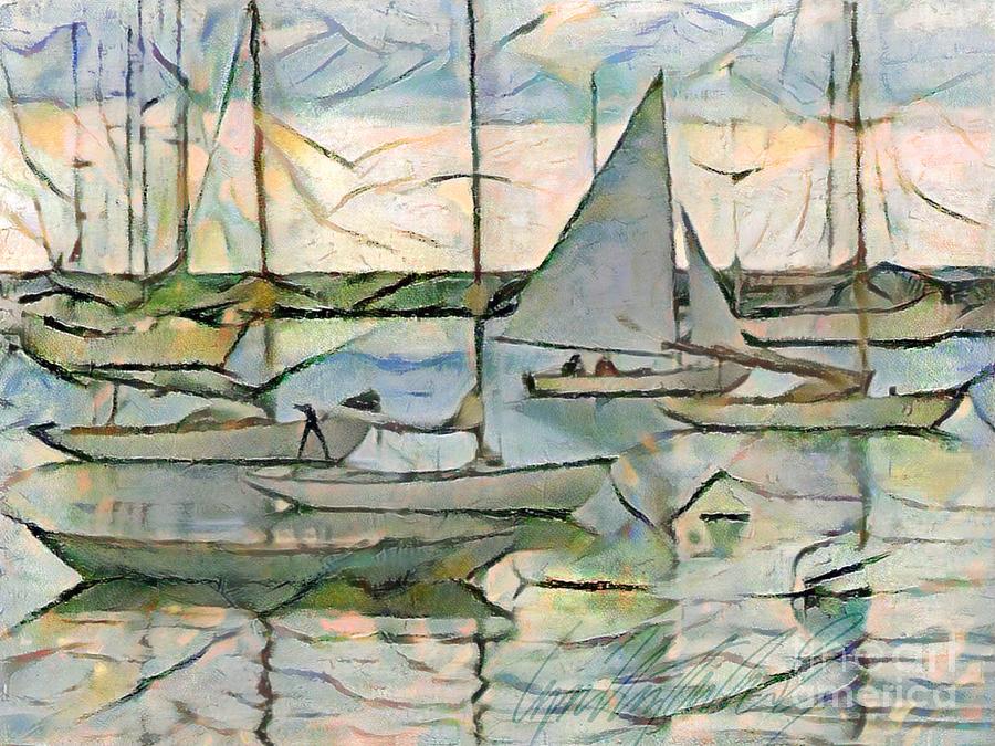 H Sailing Through Vineyard Haven Harbor - Horizontal Painting by Lyn Voytershark