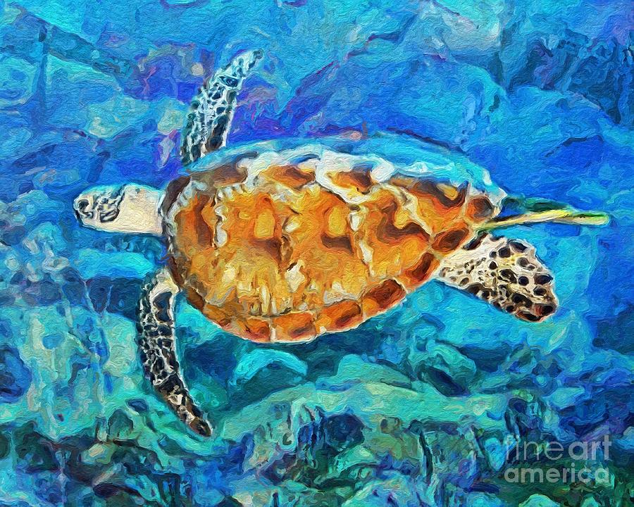 H - Sea Turtle Swimming and Diving in Turquoise Blue Caribbean Waters - Horizontal Painting by Lyn Voytershark