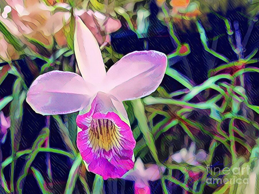 H - Single Lilac Orchid with Magenta Fluting and Glow from Backlighting - Horizontal Painting by Lyn Voytershark