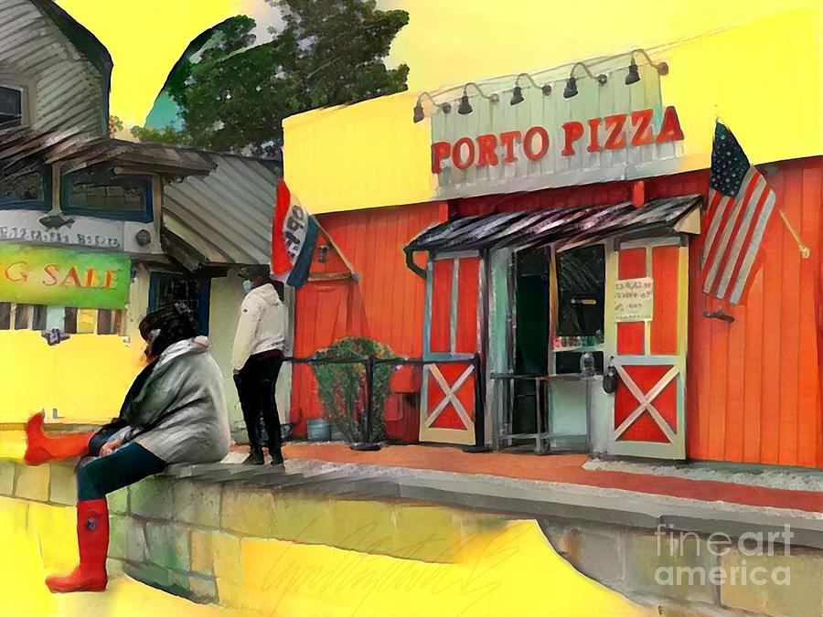 H Yellow Porto Pizza Take Out Near MV Ferry - Horizontal Painting by Lyn Voytershark