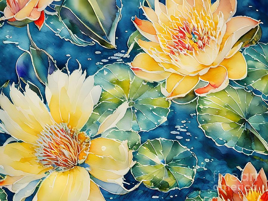 H - Yellow Water Lily Flowers in Batik Style on Green and Blue Backdrop - Horizontal Painting by Lyn Voytershark