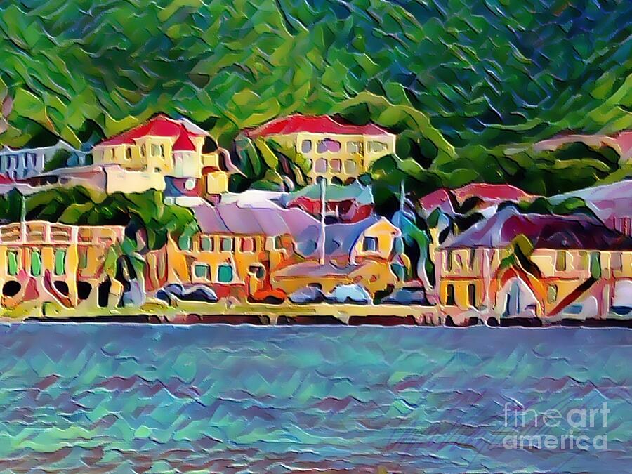 H1 - Christiansted St. Croix Waterfront View in Bold Chunky Textures - Horizontal  Painting by Lyn Voytershark