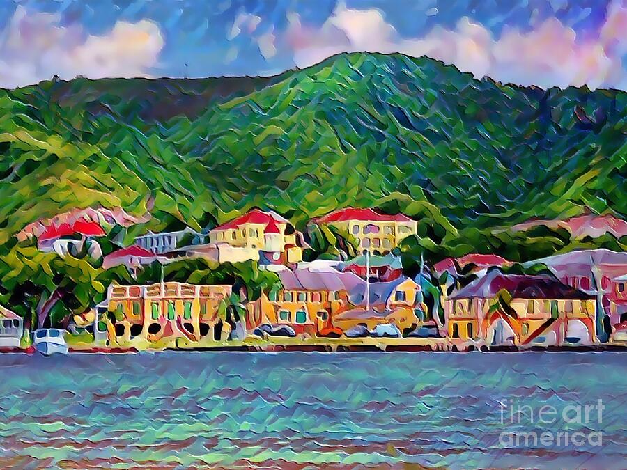 H2 - Christiansted St. Croix Waterfront View in Bold Chunky Textures - Horizontal Painting by Lyn Voytershark