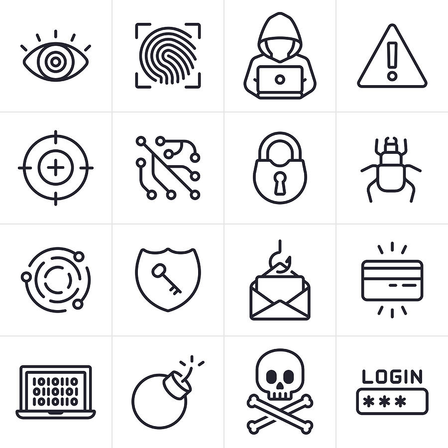 Hacking and Computer Crime Icons and Symbols Drawing by Filo