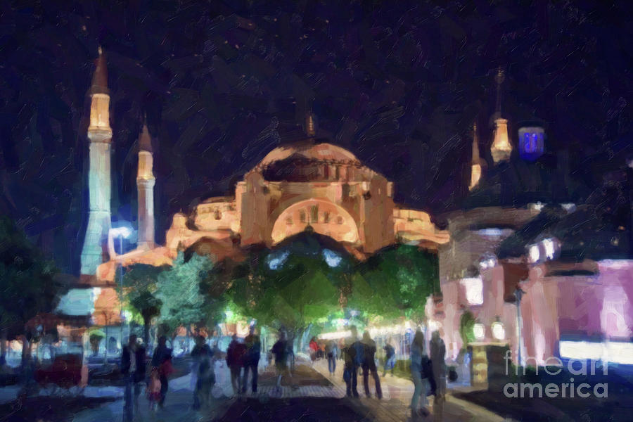 Hagia Sophia at night, Istanbul Painting by Delphimages Photo Creations