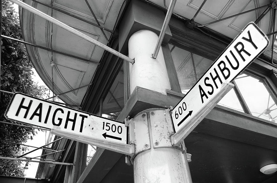 Haight Ashbury Neighborhood Corner Street Signs in San Francisco Black and White Photograph by Shawn OBrien