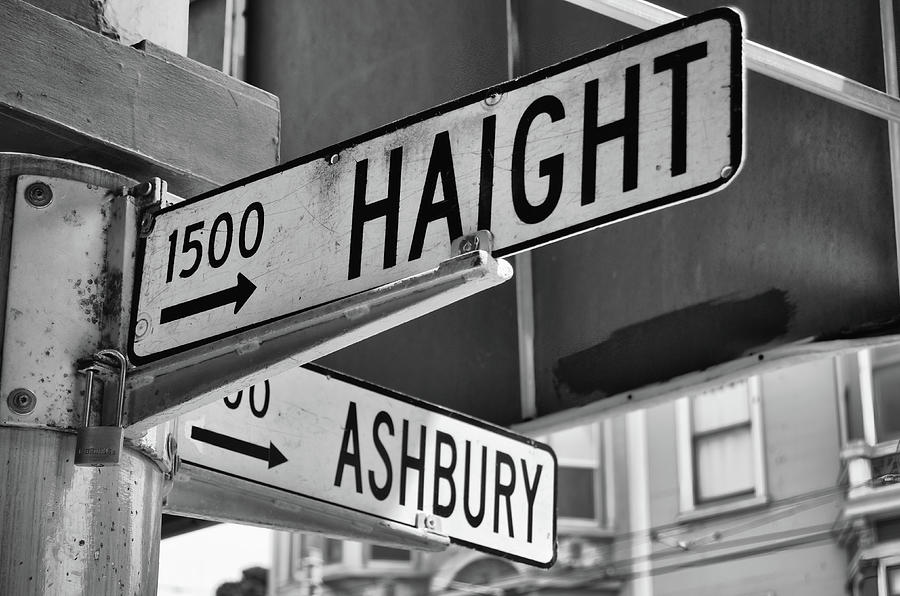 Haight Ashbury Neighborhood Corner Street Signs San Francisco Black and White Photograph by Shawn OBrien