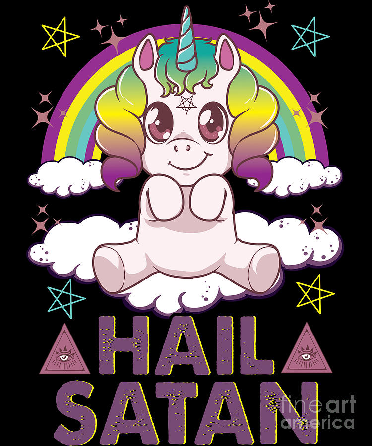 Hail Satan Unicorn Cute Rainbow Heavy Metal Pun Digital Art by The