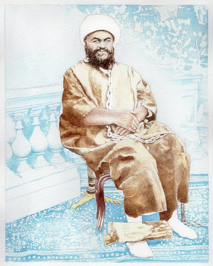 Haji Akhund chained and seated on a chair in the palace of the Shah of Persia. Painting by Sue Podger