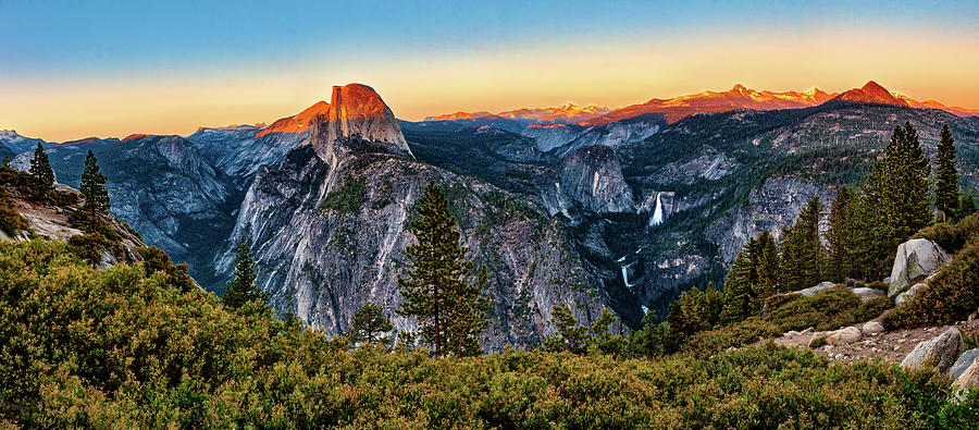Half Dome Sunset at Yosemite Panorama Photograph by Dan Carmichael