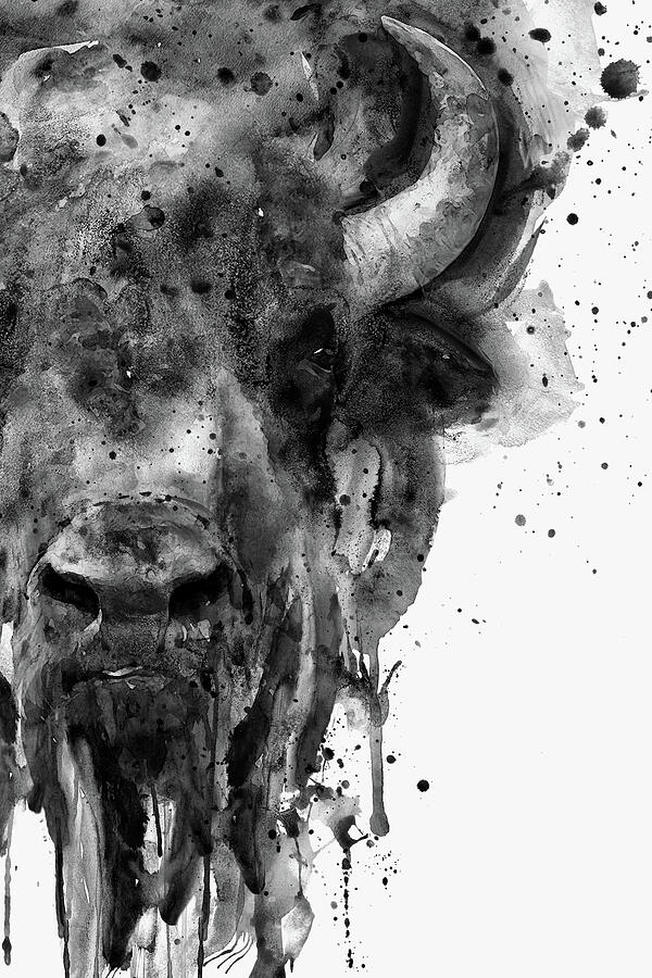 Black and White Watercolor-Half Faced Buffalo Painting by Marian Voicu