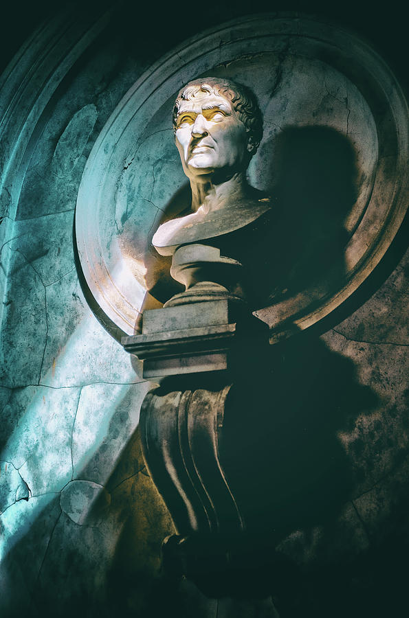 Julius Caesar half-length statue portrait vertical background in the dark Photograph by Luca Lorenzelli