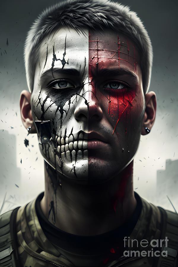 Half Warrior Half Human -  Surreal Soldier Face Portrait Mixed Media