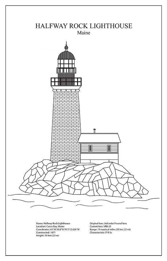 Halfway Rock Lighthouse - Maine - blueprint drawing Drawing by SP JE ...