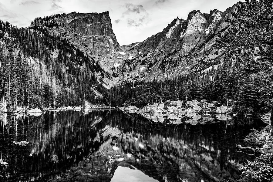 Hallett Mountain Peak Over Dream Lake - Black and White Photograph by Gregory Ballos