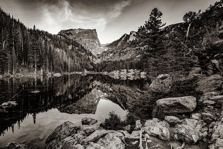 Rocky Mountain National Park Photograph - Hallett Peak Mountain Landscape at Dream Lake in Sepia by Gregory Ballos