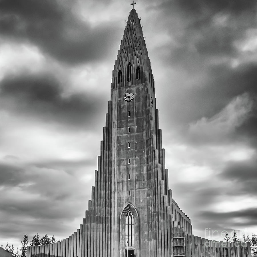 Hallgrimskirkja in Reykjavik, Iceland, black and white Photograph by Lyl Dil Creations