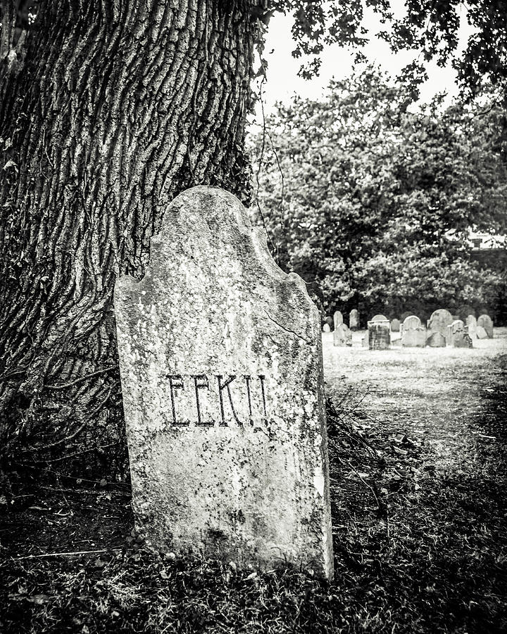 Black And White Photograph - Halloween Art Old Tombstone by Sonja Quintero