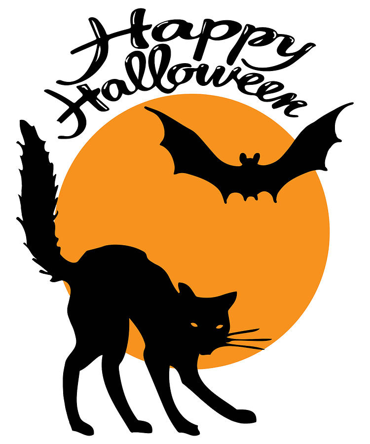 Halloween Drawing - Halloween black cat and bat with orange moon clipart illustration, happy halloween by Mounir Khalfouf