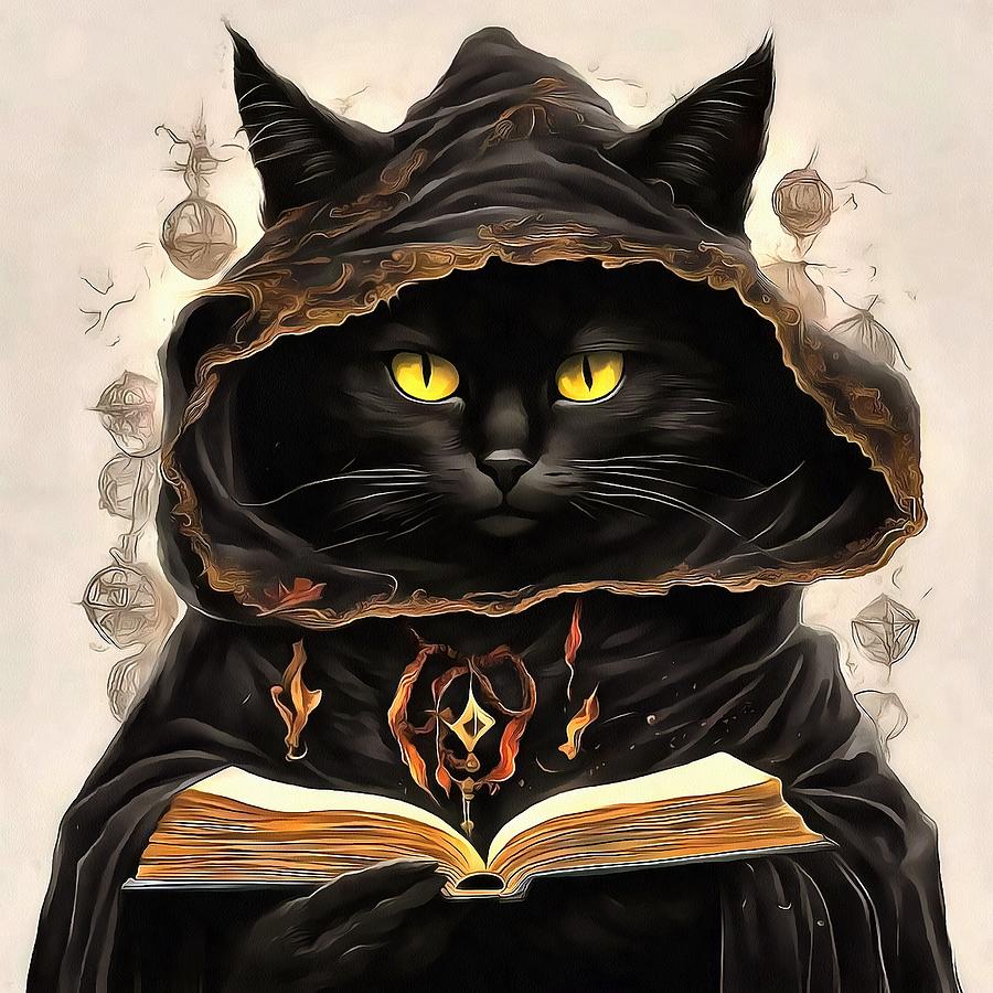 Black Cat Painting - Halloween Cat Reading Preys Anatomy Spell List by Taiche Acrylic Art
