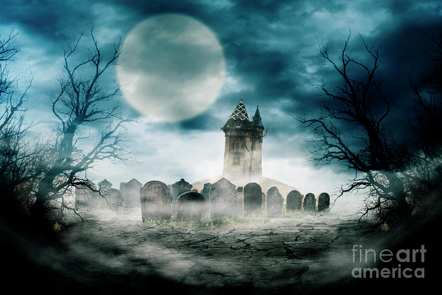 Halloween Composition Design With Scary Dark Forest, Haunted House And Graveyard. Photograph
