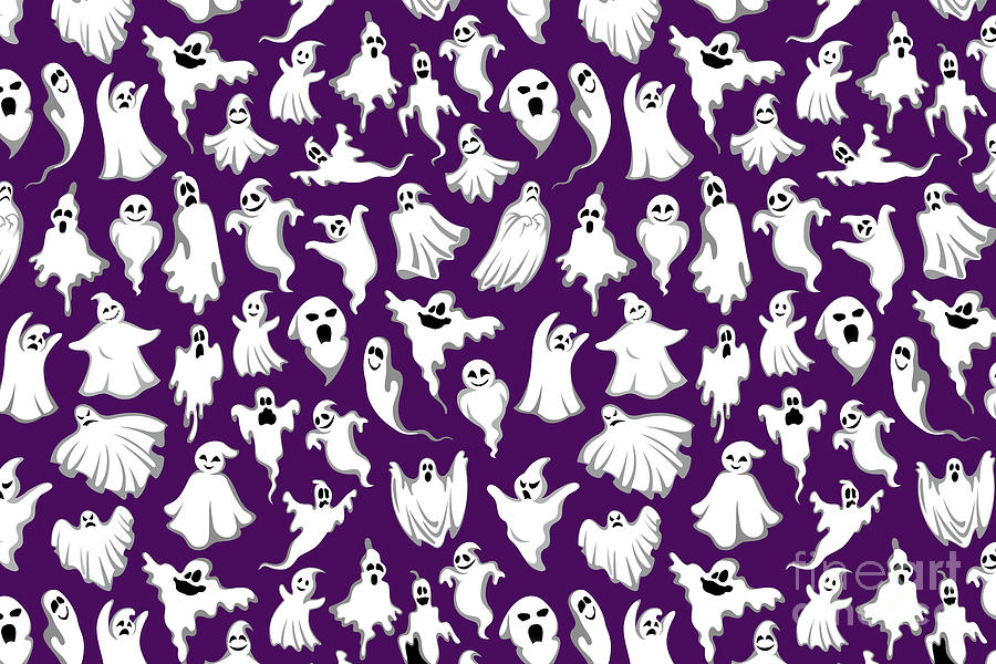 Halloween Ghost Pattern on Dark Purple Autumn / Fall Digital Art by PIPA Fine Art - Simply Solid