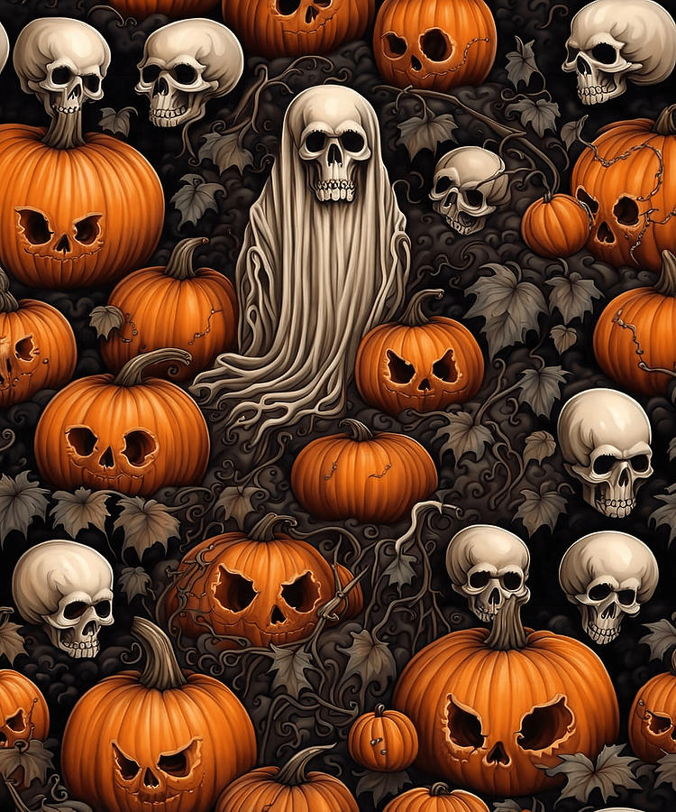 Halloween Painting - Halloween Ghost, Skulls And Creepy Pumpkin Patch by Taiche Acrylic Art