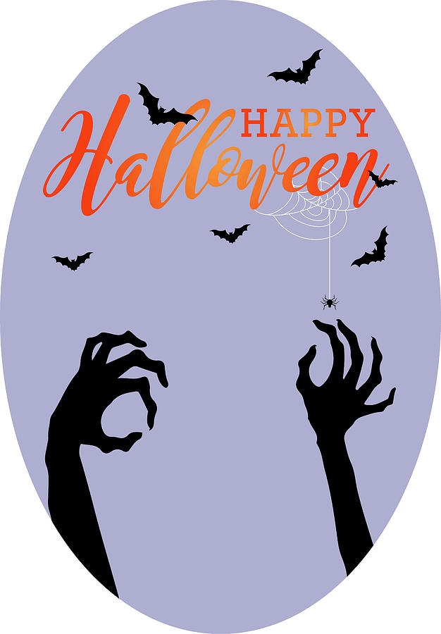 Hocus Pocus Digital Art - Halloween Ghost Two Hands And Bats, Happy Halloween Purple Oval Background by Mounir Khalfouf