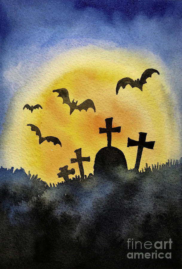 Halloween Graveyard, Spooky Cemetery Tombstones Digital Art by Amusing DesignCo